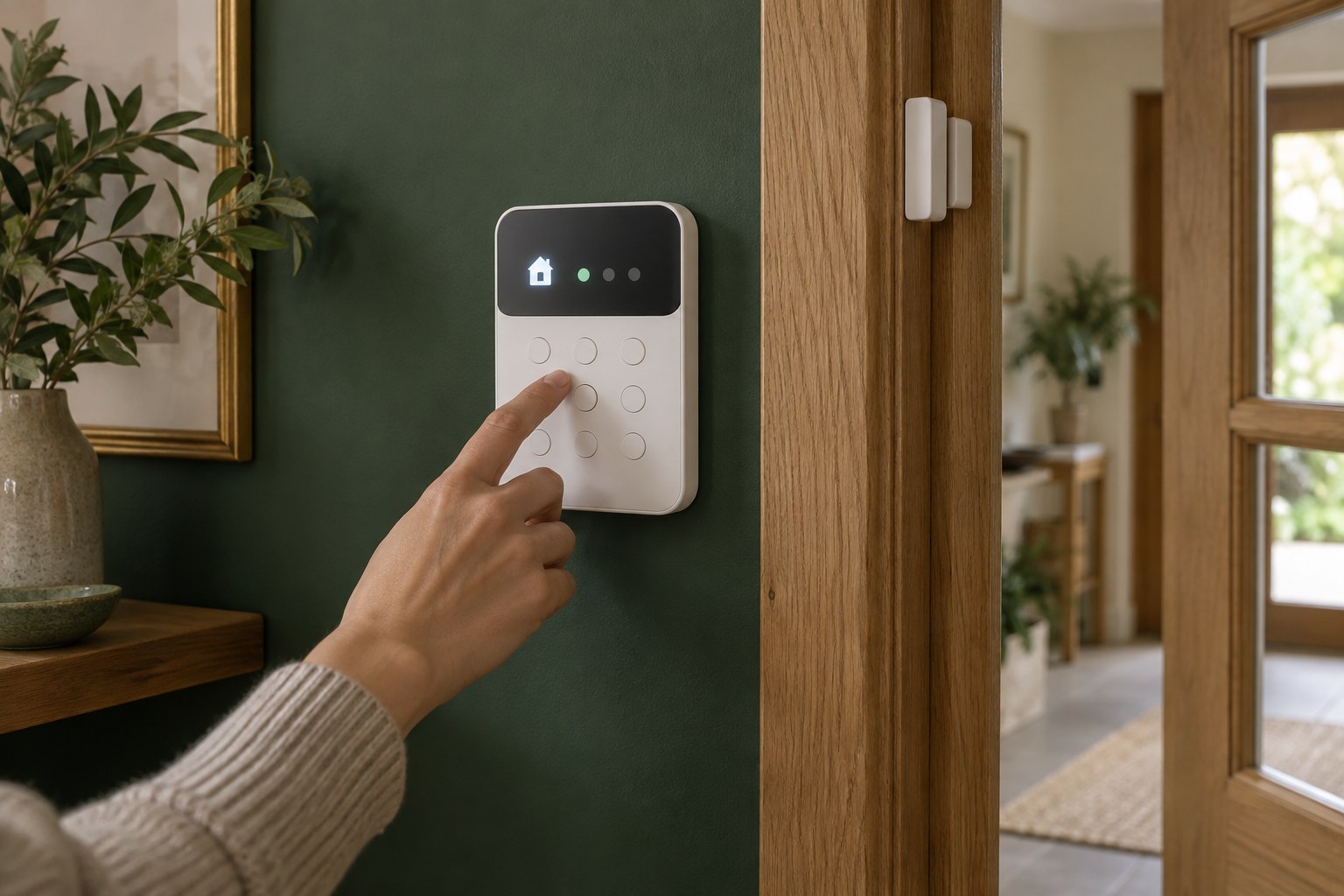 Illustrative smart alarm keypad in a welcoming home