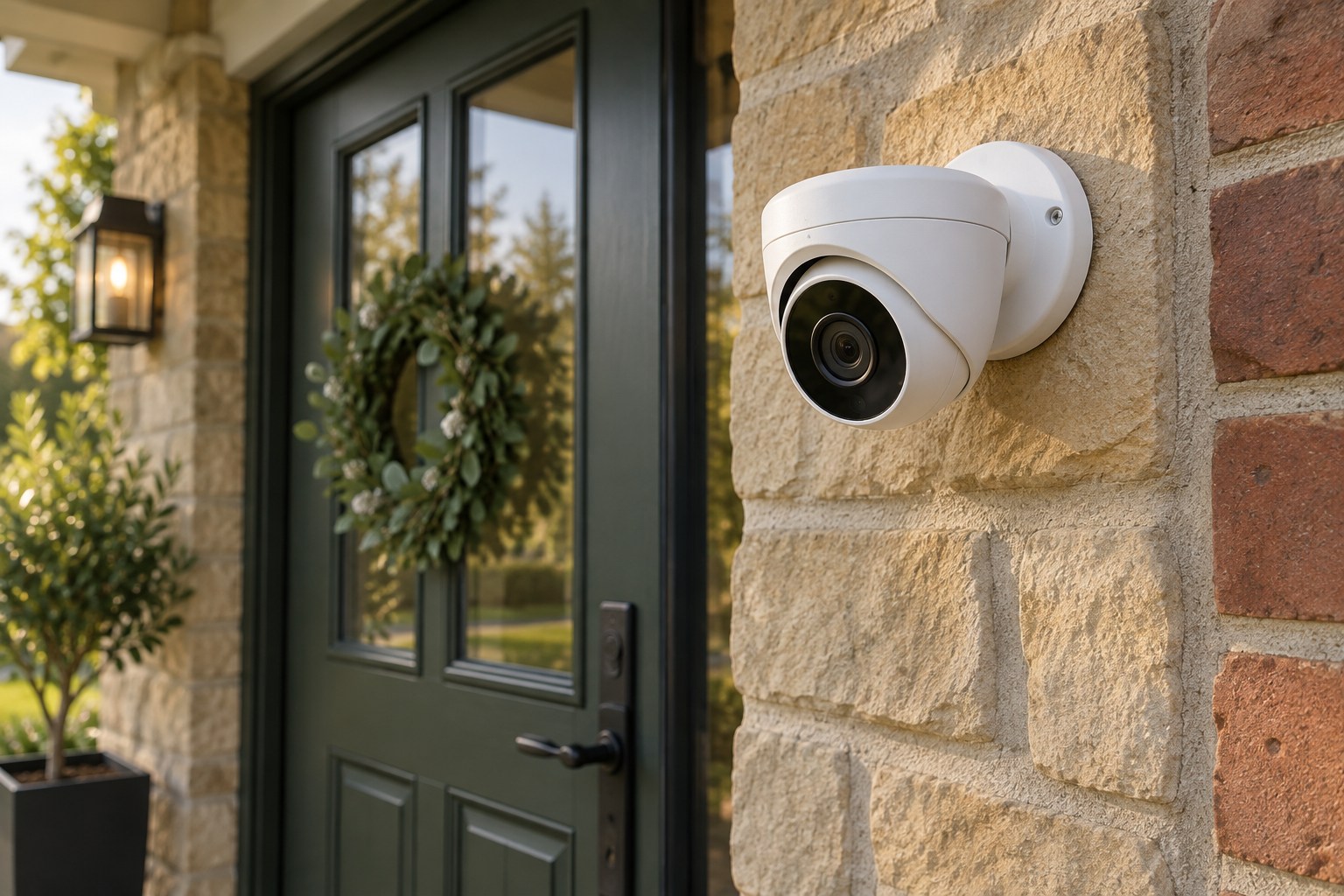 Illustrative discreet CCTV camera on a stone exterior
